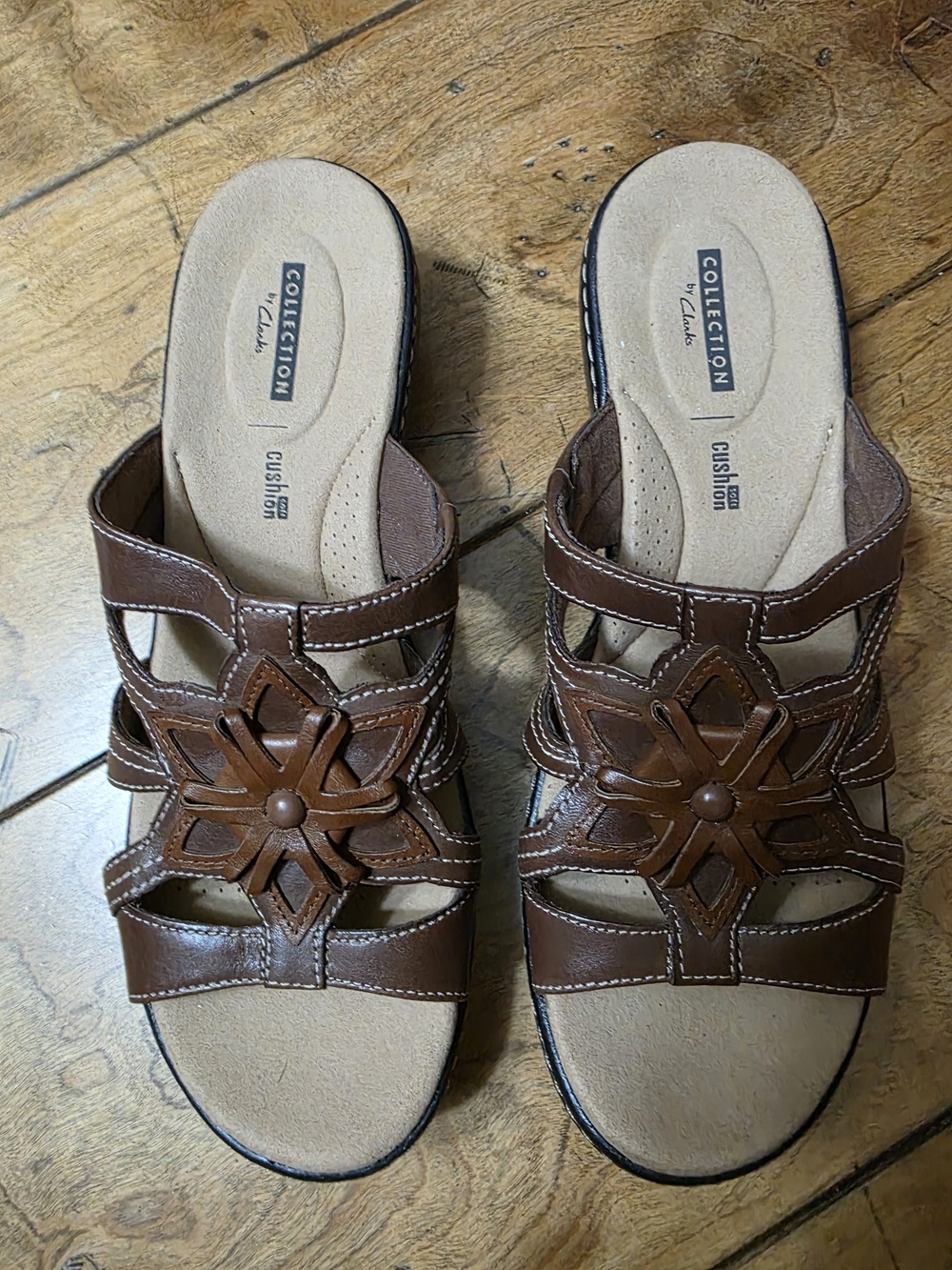 Clarks Brown Leather Floral Cutout Slide Mules